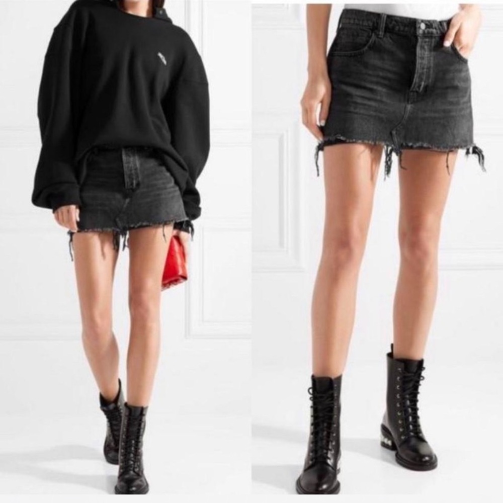 Alexander Wang Black Raw Hem Denim Mini Skirt Size 26 Model Off Duty NWT